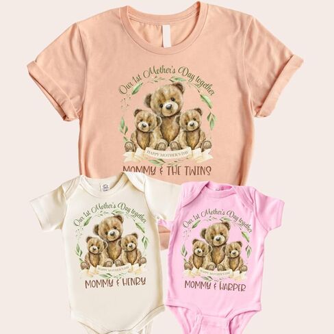 Our First Mothers Day Mommy and Me Matching Outfits For Twin Mom. Baby Girl Boy And Twin Mama Gift For 1st Mother's Day. Mom Of Twins Mother's Day Gift 2025. Watercolor Mama And Baby Bears. in Kuwait