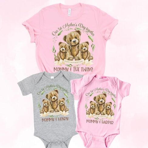 Our First Mothers Day Mommy and Me Matching Outfits For Twin Mom. Baby Girl Boy And Twin Mama Gift For 1st Mother's Day. Mom Of Twins Mother's Day Gift 2025. Watercolor Mama And Baby Bears. in Kuwait