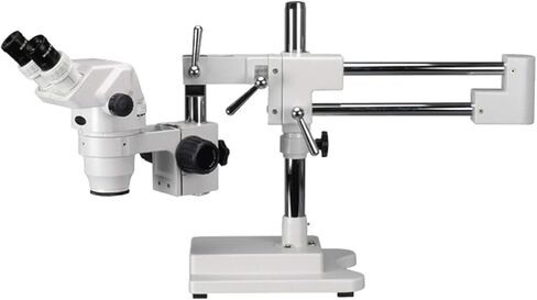 AmScope ZM-4BZ3 Professional Binocular Stereo Zoom Microscope, EW10x Eyepieces, 2X-90X Magnification, 0.67X-4.5X Zoom Objective, Ambient Lighting, Double-Arm Boom Stand, Includes 0.3x and 2.0x Barlow Lenses in Kuwait