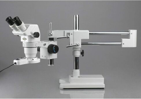 AmScope ZM-4BZ3 Professional Binocular Stereo Zoom Microscope, EW10x Eyepieces, 2X-90X Magnification, 0.67X-4.5X Zoom Objective, Ambient Lighting, Double-Arm Boom Stand, Includes 0.3x and 2.0x Barlow Lenses in Kuwait