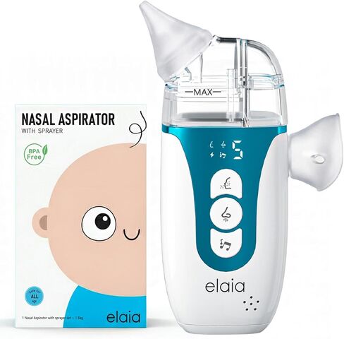 elaia 2-in-1 Electric Nasal Aspirator for Baby with Spray, Fine Mist, 5 Suction Levels up to 65kPa, BPA-Free Silicone, Quiet Nose Sucker, Portable Snot & Booger Sucker for Infants in Kuwait