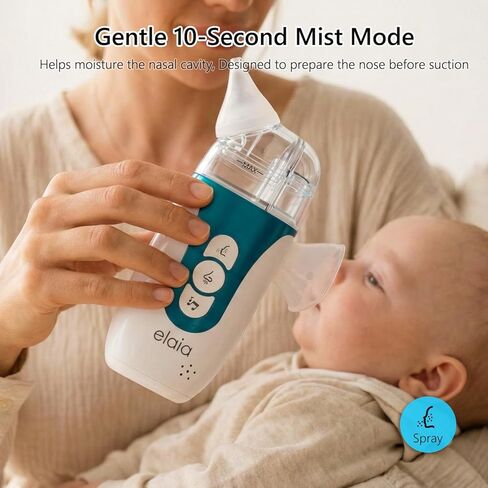 elaia 2-in-1 Electric Nasal Aspirator for Baby with Spray, Fine Mist, 5 Suction Levels up to 65kPa, BPA-Free Silicone, Quiet Nose Sucker, Portable Snot & Booger Sucker for Infants in Kuwait