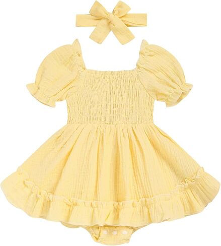 GRNSHTS Baby Girl Romper Dress, Puff Sleeve Smocked Outfit with Headband for Infants Soft Cotton Photo Shoot in Kuwait