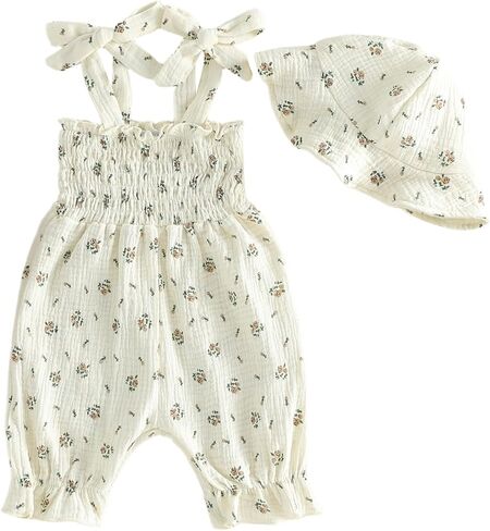 Mubineo Baby Girl Summer Clothes Cute Cotton Linen Romper Jumpsuit Sleeveless Smocked Rompers Sun Hat Comfy Boho Outfits in Kuwait