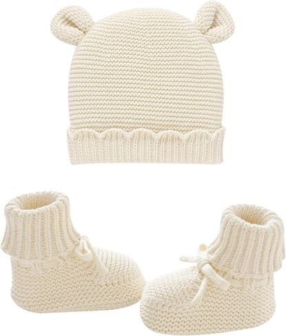 Hadetoto Cotton Baby Beanie and Booties Set Newborn Knit Sock Shoes Warm Winter Hat Cap for Infant Boy Girl in Saudi Arabia