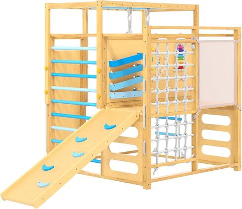 9-IN-1 Outdoor Indoor Jungle Gym, Montessori Wooden indoor playground for kids 2-8, Wooden Climbing Structure with Slide, Monkey Bars, Rope Ladder, Rock Wall, Climbing Net, Rings - Natural Wood Blue in Kuwait