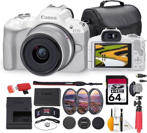 Canon EOS R50 Mirrorless Camera with 18-45mm Lens Bundle | 24.2MP APS-C Sensor, Dual Pixel CMOS AF II & 4K Video | Great for Beginners & Everyday Photography (5812C012) + 64GB Card + Bag + More in Kuwait