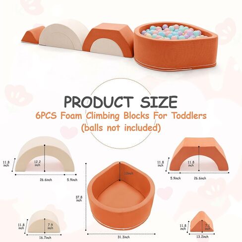 Toddlers Climbing Toys with Ball Pit, 6-Piece Baby Foam Climbing Blocks with Ball Pool, Kids Indoor Climbing Crawling Activity Soft Play Set, Orange (Balls not Included) in Saudi Arabia