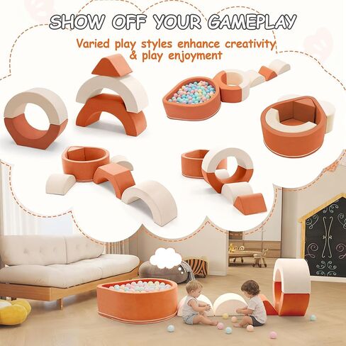 Toddlers Climbing Toys with Ball Pit, 6-Piece Baby Foam Climbing Blocks with Ball Pool, Kids Indoor Climbing Crawling Activity Soft Play Set, Orange (Balls not Included) in Saudi Arabia