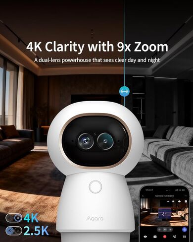 محور كاميرا Aqara 4K UHD ثنائي العدسات G350، كاميرا أمان داخلية تكبير 9X، دوران وإمالة 360 درجة، تتبع تلقائي بالذكاء الاصطناعي، التعرف على الوجه/الإيماءات، يعمل مع Apple HomeKit، Alexa، Google Home، SmartThings in Kuwait