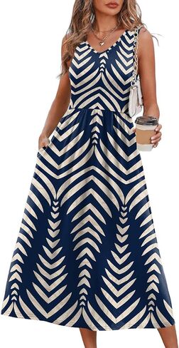 OFEEFAN Summer Dresses for Women 2026 Flowy Casual Midi Dress V Neck Beach Vacation Sundresses with Pockets in Kuwait
