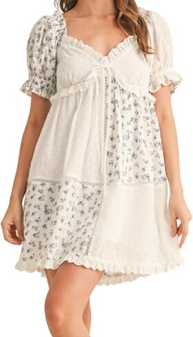 Women Floral Patchwork Babydoll Dresses Puff Sleeve V Neck A Line Cute Mini Dress Flowy Y2k Sundress for Teens in Kuwait
