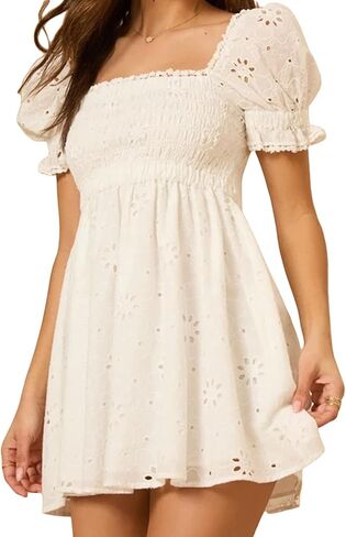 Women Floral Patchwork Babydoll Dresses Puff Sleeve V Neck A Line Cute Mini Dress Flowy Y2k Sundress for Teens in Saudi Arabia