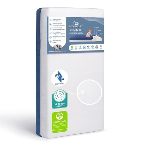 مرتبة Serta CloudCool لسرير الأطفال والأطفال الصغار، قابلة للتنفس، غطاء قابل للغسل في الغسالة، مقاوم للماء، لا يسبب الحساسية، مرتبة أطفال معتمدة من Greenguard Gold in Kuwait