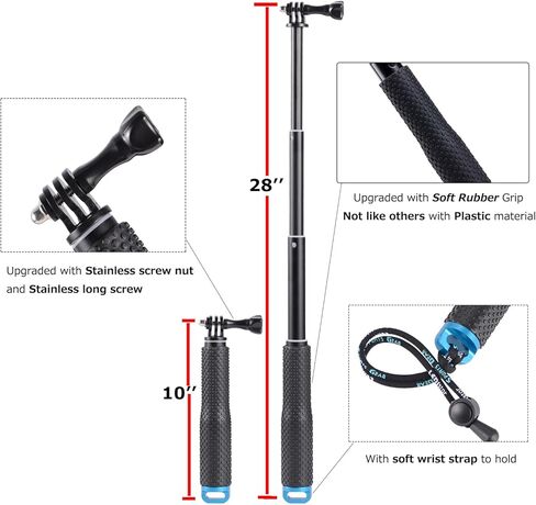 28" Extension Selfie Stick Compact Handle Grip Adjustable Pole Waterproof Monopod Accessories Compatible with GoPro Hero 13 12 11 10 9 8 7 6 Insta360 AKASO DJI Osmo Action Camera and More in Kuwait