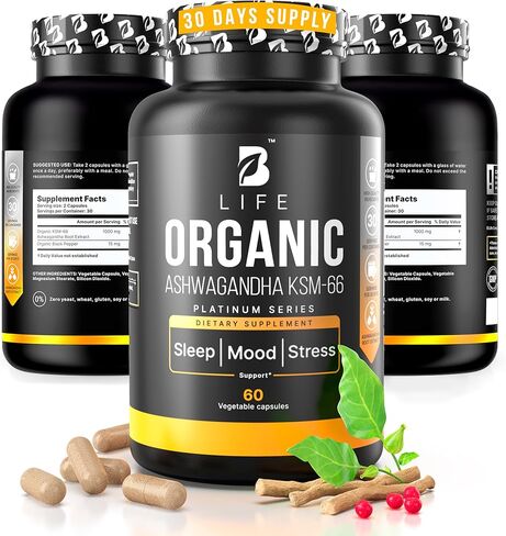 Ashwagandha KSM-66 Organic Extract 180 Caps with Black Pepper, High Potency. B Life Ashwagandha KSM-66 Platinum (Ashwagandha) in Saudi Arabia