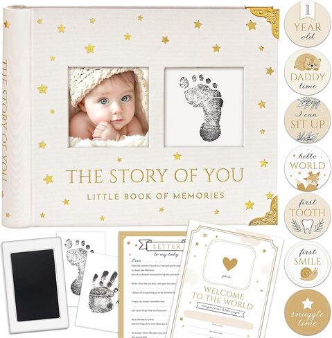 Book Keepsake, Baby Memory Book From Pre-Birth to 5th Year, with 2 Photo Pockets, Milestone Stickers, Hand/Footprint Inkpad, Information Card, Baby Album and Memory Book for Girls or Boys in Saudi Arabia