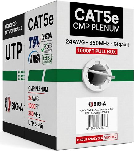 Big-A - Plenum Ethernet Cable 1000ft, Bulk Cat5e Cable (CMP) Gigabit Solid Network Wire, 350MHz Cat5e Ethernet Cord, Unshielded Twisted Pair (UTP) - Blue in Saudi Arabia