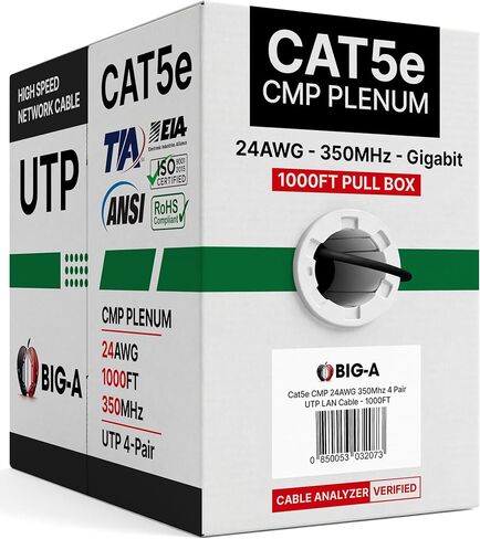Big -A - Lenum Cat5e Ethernet Cable 1000ft LAN Bulk Cat5e Cable (CMP) Gigabit Solid Network Wire ، 350MHz CAT5E Ethernet Cord ، زوج ملتوي غير محمي (UTP) - أسود in Kuwait
