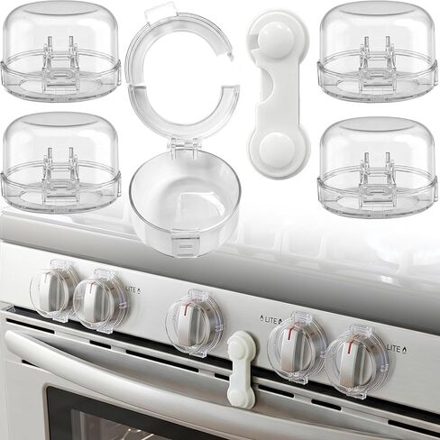 Stove Knob Safety Covers, V0-Grade Flame Retardant & Heat-Resistant, Universal Gas Knob Locks for Kitchen Stove & Oven, Oven Door Lock for Child Safety, Clear (5 Covers + 1 Lock) in Kuwait