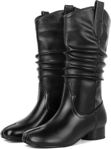 KOKOMOMO Women's Mid Calf Tabi Boots Split Toe Slouchy Wrinkled Boots Western Cowboy Cowgirl Boot Cylindrical Low Heels Japanese Ninja Shoes Pull On Work Party Dress Shoes in Saudi Arabia