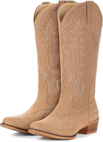 Cowboy Boots for Women Suede Split Leather Mid Calf Cowgirl Western Boots Classic Embroidered Retro Snip Toe Chunky Heel Pull On in Kuwait