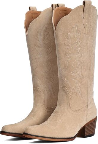 IUV Suede Cowboy Boots for Women Mid Calf Cowgirl Boots with Embroidered, Retro Snip Toe Chunky Heel Western Boot for Country Concert Music Festival Cowboy Chic in Kuwait