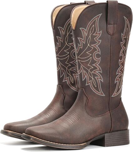 IUV Cowboy Boots for Women Square Toe Western Cowgirl Boots Mid Calf Durable Classic Fashionable Embroidered Pull On Boot in Kuwait