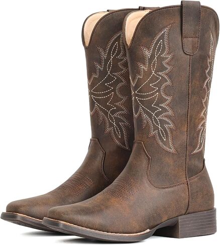 IUV Cowboy Boots for Women Square Toe Western Cowgirl Boots Mid Calf Durable Classic Fashionable Embroidered Pull On Boot in Saudi Arabia