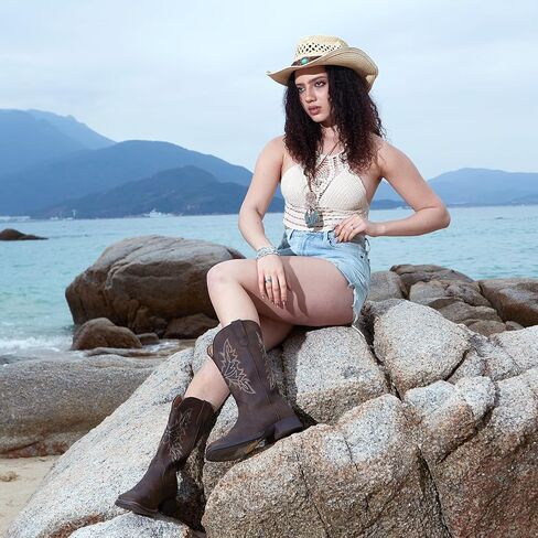 IUV Cowboy Boots for Women Square Toe Western Cowgirl Boots Mid Calf Durable Classic Fashionable Embroidered Pull On Boot in Saudi Arabia