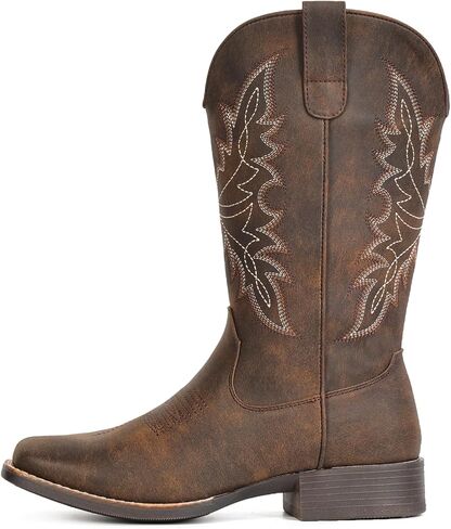 IUV Cowboy Boots for Women Square Toe Western Cowgirl Boots Mid Calf Durable Classic Fashionable Embroidered Pull On Boot in Saudi Arabia