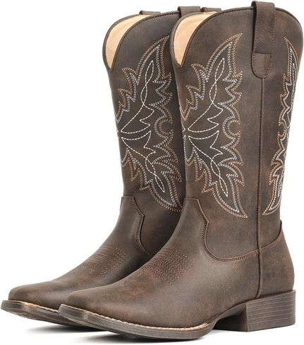 IUV Cowboy Boots for Women Square Toe Western Cowgirl Boots Mid Calf Durable Classic Fashionable Embroidered Pull On Boot in Saudi Arabia