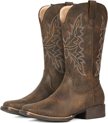 IUV Cowboy Boots for Women Square Toe Western Cowgirl Boots Mid Calf Durable Classic Fashionable Embroidered Pull On Boot in Saudi Arabia