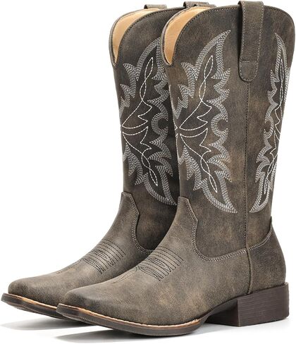 IUV Cowboy Boots for Women Square Toe Western Cowgirl Boots Mid Calf Durable Classic Fashionable Embroidered Pull On Boot in Saudi Arabia