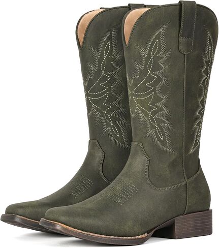 IUV Cowboy Boots for Women Square Toe Western Cowgirl Boots Mid Calf Durable Classic Fashionable Embroidered Pull On Boot in Saudi Arabia