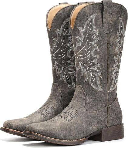 IUV Cowboy Boots for Women Square Toe Western Cowgirl Boots Mid Calf Durable Classic Fashionable Embroidered Pull On Boot in Saudi Arabia