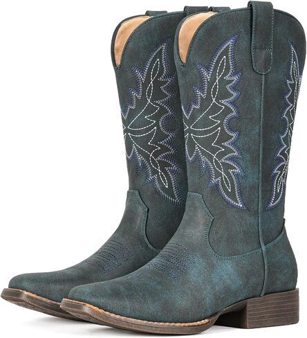 IUV Cowboy Boots for Women Square Toe Western Cowgirl Boots Mid Calf Durable Classic Fashionable Embroidered Pull On Boot in Saudi Arabia