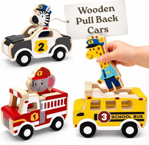 Little Acorn, Wooden Pull Back Cars with Mix & Match Characters | Montessori Toys for 1 & 2 Year Old | Car Toys for Toddlers 1-3 | Baby Toys 6-12 Months | Birthday Gifts for Boys Girls in Kuwait