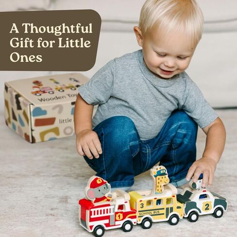 Little Acorn, Wooden Pull Back Cars with Mix & Match Characters | Montessori Toys for 1 & 2 Year Old | Car Toys for Toddlers 1-3 | Baby Toys 6-12 Months | Birthday Gifts for Boys Girls in Kuwait