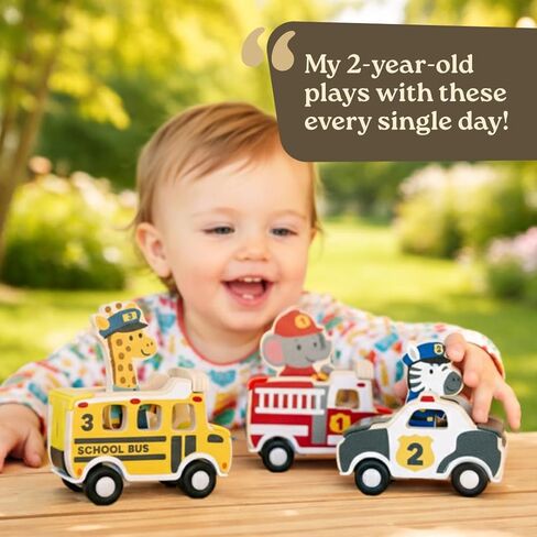 Little Acorn, Wooden Pull Back Cars with Mix & Match Characters | Montessori Toys for 1 & 2 Year Old | Car Toys for Toddlers 1-3 | Baby Toys 6-12 Months | Birthday Gifts for Boys Girls in Kuwait