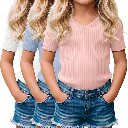 3 Pack Toddler Girls Shirts Cotton 18m-5t Baby Summer Clothes Short Sleeve Ribbed Knit V Neck Fashion Soft Tops in Saudi Arabia