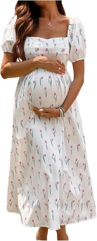 Floerns Women's Floral Maternity Dress Square Neck Puff Sleeve Shirred A Line Long Pregnancy Dresses in Saudi Arabia