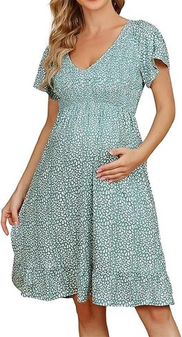 Women's Maternity Floral Print Dress, V-Neck Ruffled Sleeve Flowy Pregnancy Dress in Kuwait
