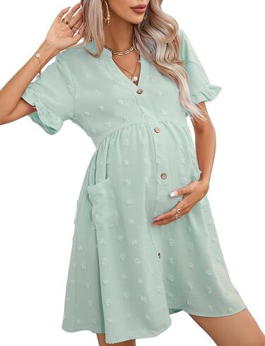 Maternity Dress v Neck Ruffle Short Sleeve Swiss Dot Photoshoot Mini Dress with Pockets in Kuwait