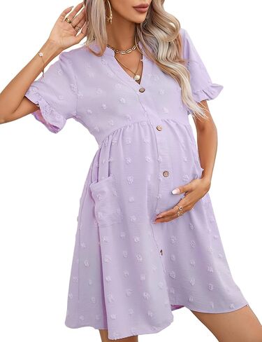 Maternity Dress v Neck Ruffle Short Sleeve Swiss Dot Photoshoot Mini Dress with Pockets in Saudi Arabia