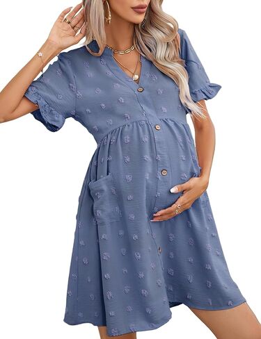 Maternity Dress v Neck Ruffle Short Sleeve Swiss Dot Photoshoot Mini Dress with Pockets in Saudi Arabia