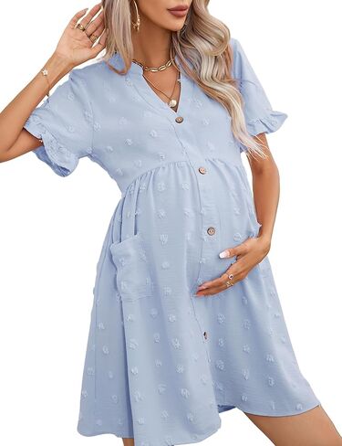 Maternity Dress v Neck Ruffle Short Sleeve Swiss Dot Photoshoot Mini Dress with Pockets in Saudi Arabia