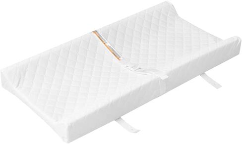 Pemberly Row Contoured Baby Changing Pad, Vinyl Cover, Water-Resistant, Non-Allergenic, White, 32 x 16 x 4 in, Security Strap, Raised Sides, Fits Most Standard Changing Tables in Kuwait