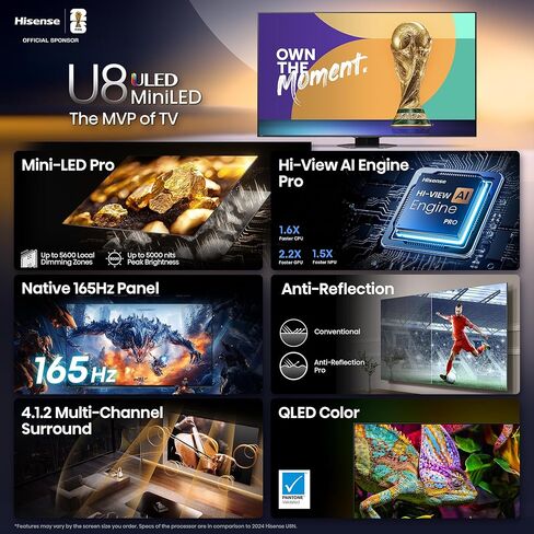 تلفزيون Hisense 75 بوصة U8 Mini-LED ULED 4K UHD Google Smart TV (75U8QG، موديل 2025) QLED، 165 هرتز أصلي، VRR 288، 5000 Nits، HDR10+، Dolby Vision IQ · Atmos، 4.1.2 قناة صوت (متجدد) in Saudi Arabia
