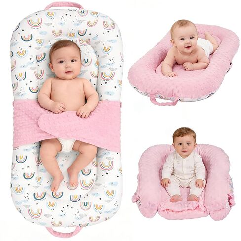 Baby Lounger, 3-in-1 Portable Infant Lounger for Newborns 0-24 Months, Foldable Tummy Time Pillow with Removable Cover, Dual-Sided 100% Cotton and Velvet, Ideal Baby Shower Gifts, Pink Rainbow in Kuwait